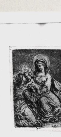 Rückseite von  [http://creativecommons.org/publicdomain/mark/1.0/] Maria mit dem Kind, das eine Heilige küsst - , bh323399. Foto.