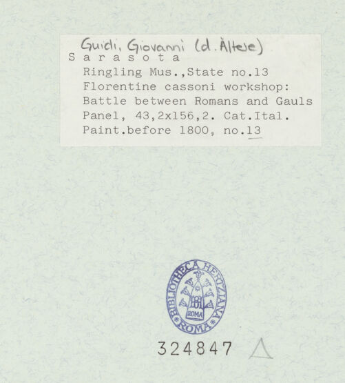 Rückseite von John and Mable Ringling Museum of Art [https://www.deutsche-digitale-bibliothek.de/content/lizenzen/rv-ez/] Schlacht zwischen Römern und Galliern - , bh324847_recto. Foto.