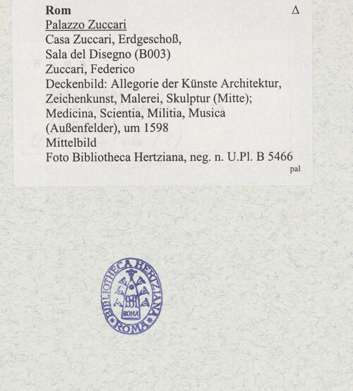 Rückseite von Bibliotheca Hertziana [https://www.deutsche-digitale-bibliothek.de/content/lizenzen/rv-fz/] Personifikationen der Künste (Mitte) und Wissenschaften (Außenfelder)Mittelbild: Die Personifikationen des Disegno und der Künste Architektur, Malerei, Skulptur - , bh325842_recto. Foto.