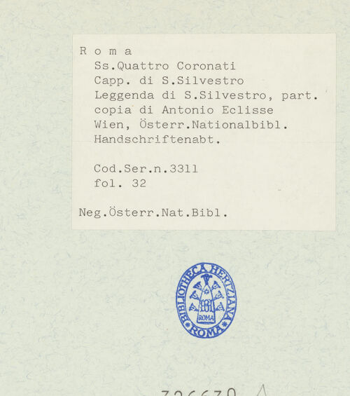 Rückseite von Österreichische Nationalbibliothek Wien [https://www.deutsche-digitale-bibliothek.de/content/lizenzen/rv-ez/] Pitture copiate l'anno 1637 da Antonio Eclisse, custode delle Pitture delle Camere Papali di Rafaello d'Urbino, dalla Cappella antica, che stà avanti il Parlatorio delle Monache di Santi Quattro di Roma.Kaiser Konstantin überreicht Papst Silvester die Tiara - Gesamtansicht Buchseite, bh326630_recto. Foto.