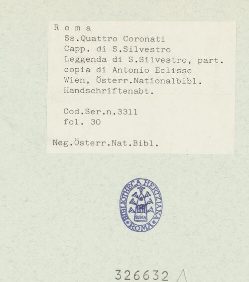 Rückseite von Österreichische Nationalbibliothek Wien [https://www.deutsche-digitale-bibliothek.de/content/lizenzen/rv-ez/] Pitture copiate l'anno 1637 da Antonio Eclisse, custode delle Pitture delle Camere Papali di Rafaello d'Urbino, dalla Cappella antica, che stà avanti il Parlatorio delle Monache di Santi Quattro di Roma.Der heilige Silvester zeigt Konstantin die Bildnisse von Petrus und Paulus - Gesamtansicht Buchseite, bh326632_recto. Foto.