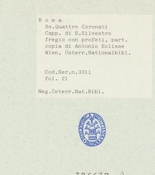 Rückseite von Österreichische Nationalbibliothek Wien [https://www.deutsche-digitale-bibliothek.de/content/lizenzen/rv-ez/] Pitture copiate l'anno 1637 da Antonio Eclisse, custode delle Pitture delle Camere Papali di Rafaello d'Urbino, dalla Cappella antica, che stà avanti il Parlatorio delle Monache di Santi Quattro di Roma.Detail aus Prophetenfries: Habakuk - Gesamtansicht Buchseite, bh326637_recto. Foto.