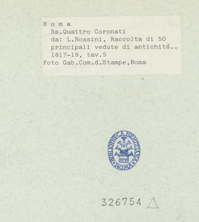 Rückseite von Gabinetto Comunale delle Stampe [https://www.deutsche-digitale-bibliothek.de/content/lizenzen/rv-ez/] Raccolta di Cinquanta Principali Vedute di Antichità tratte dai Scavi fatti in Roma in questi ultimi tempi, disegnati e incisi all'acqua forte da Luigi Rossini architettoSanti Quattro Coronati, tav. 5 - , bh326754_recto. Foto.