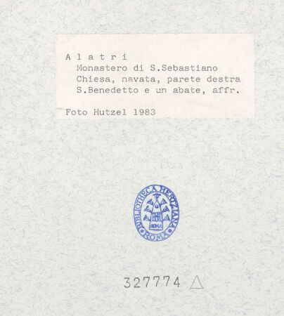 Rückseite von National Gallery of Art, Washington [https://www.deutsche-digitale-bibliothek.de/content/lizenzen/rv-ez/] Szenen aus dem Leben Christi, Mariens und des heiligen SebastianFries mit Weinranken; Kardinal Stephanus kniend vor dem Heiligen Sebastian; Bischof Johannes V. von Alatri kniend vor dem Heiligen Benedikt - Detail: Bischof Johannes V. von Alatri kniend vor dem Heiligen Benedikt, bh327774_recto. Foto: Hutzel, Max.