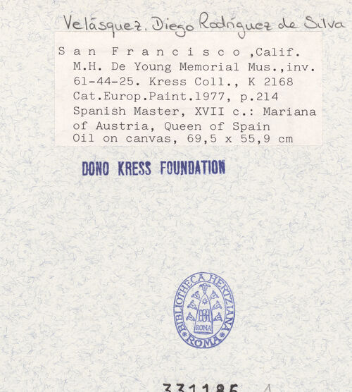 Rückseite von Fine Arts Museums of San Francisco [https://www.deutsche-digitale-bibliothek.de/content/lizenzen/rv-ez/] Maria Anna von Österreich, Königin von Spanien - Gesamtansicht, bh331186_recto. Foto.