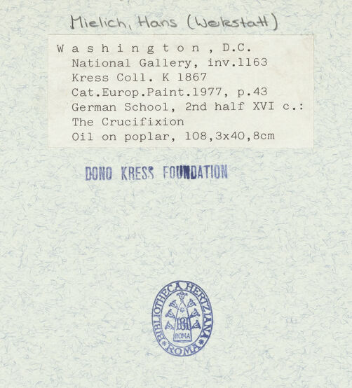 Rückseite von National Gallery of Art, Washington [https://www.deutsche-digitale-bibliothek.de/content/lizenzen/rv-ez/] Longinius bringt dem gekreuzigten Christus die Seitenwunde bei - , bh331234_recto. Foto.