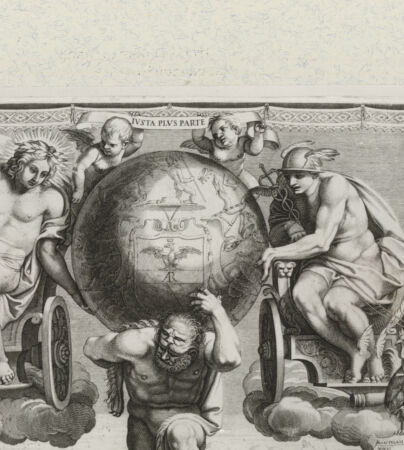 Rückseite von Landesbildstelle Rheinland [http://creativecommons.org/publicdomain/mark/1.0/] Thesenblatt mit Herkules, Wappen des Kardinals Aragon - , bh331601. Foto.