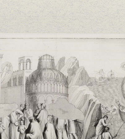 Rückseite von Landesbildstelle Rheinland [http://creativecommons.org/publicdomain/mark/1.0/] Das Wunder mit dem Schiff und das Leichenbegängnis des Heiligen Rainer (Bl. XI aus 'Pitture a fresco del Campo Santo di Pisa...') - , bh331955. Foto.