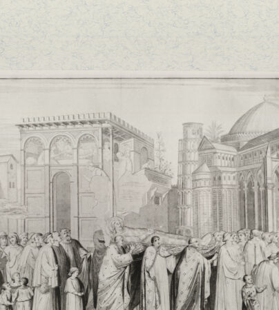 Rückseite von Landesbildstelle Rheinland [http://creativecommons.org/publicdomain/mark/1.0/] Der Tod des Heiligen Rainer (Bl. X aus 'Pitture a fresco del Campo Santo di Pisa...') - , bh331962. Foto.