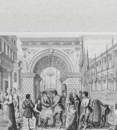 Rückseite von Landesbildstelle Rheinland [http://creativecommons.org/publicdomain/mark/1.0/] Die Geburt Jakobs und Esaus - der Verkauf der Erstgeburt - der Segen Jakobs (Bl. XXIX aus 'Pitture a fresco del Campo Santo di Pisa ..') - , bh331964. Foto.