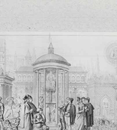 Rückseite von Landesbildstelle Rheinland [http://creativecommons.org/publicdomain/mark/1.0/] Abraham und die Diener des Bel (Bl. XXII aus 'Pitture a fresco del Campo Santo di Pisa..') - , bh331973. Foto.