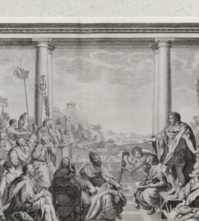 Rückseite von Landesbildstelle Rheinland [http://creativecommons.org/publicdomain/mark/1.0/] Ansprache des Titus Ouintinius Flaminius an die Hellenen (Villa Poggio a Caiano)-Blatt 1 aus der Folge von 26 Blatt 'Pitture del Salone Imperiale .. Firenze ...' - , bh332027. Foto.