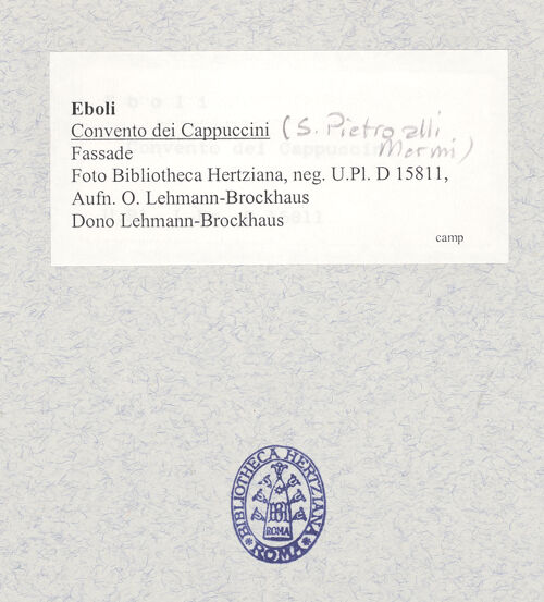 Rückseite von Bibliotheca Hertziana [https://www.deutsche-digitale-bibliothek.de/content/lizenzen/rv-fz/] San Pietro alli Marmi - Gesamtansicht von Süden, bh334459_recto. Foto: Lehmann-Brockhaus, Otto.