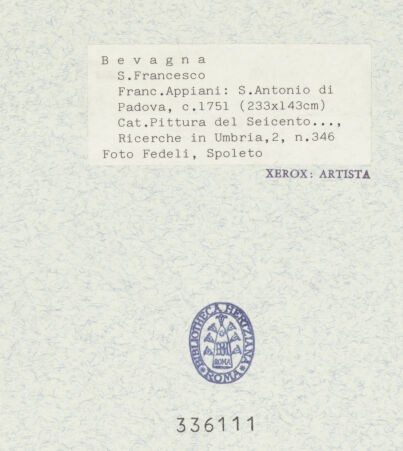 Rückseite von Fedeli, ? (Spoleto) [https://www.deutsche-digitale-bibliothek.de/content/lizenzen/rv-ez/] Das Christuskind erscheint dem heiligen Antonius von Padua - Gesamtansicht, bh336111_recto. Foto: Hutzel, Max.