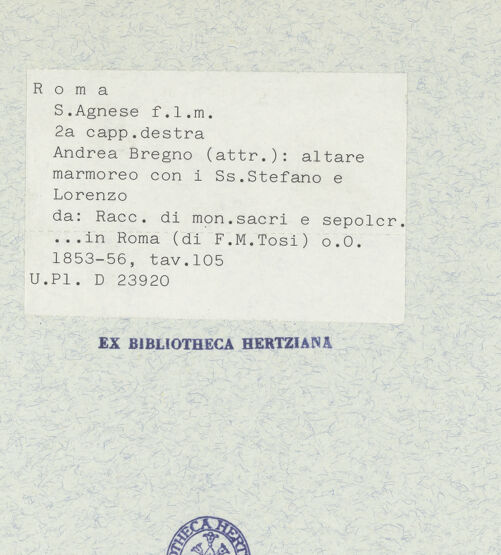 Rückseite von Bibliotheca Hertziana [http://creativecommons.org/publicdomain/mark/1.0/] Raccolta di monumenti sacri e sepolcrali sculpiti in Roma nei secoli XV. e XVI. / misurati e disegnati dallo Arch. Francesco M. Tosi e a contorno intagliati in rame da Alessandro BecchioIVa parteTaf. 105: Altar mit Reliefs der heiligen Stefan und Laurentius - , bh338231_recto. Foto.