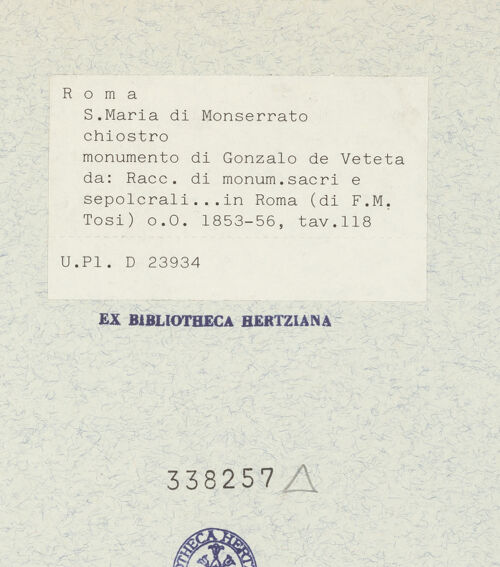 Rückseite von Bibliotheca Hertziana [http://creativecommons.org/publicdomain/mark/1.0/] Raccolta di monumenti sacri e sepolcrali sculpiti in Roma nei secoli XV. e XVI. / misurati e disegnati dallo Arch. Francesco M. Tosi e a contorno intagliati in rame da Alessandro BecchioVa parteTaf. 118 - , bh338257_recto. Foto.