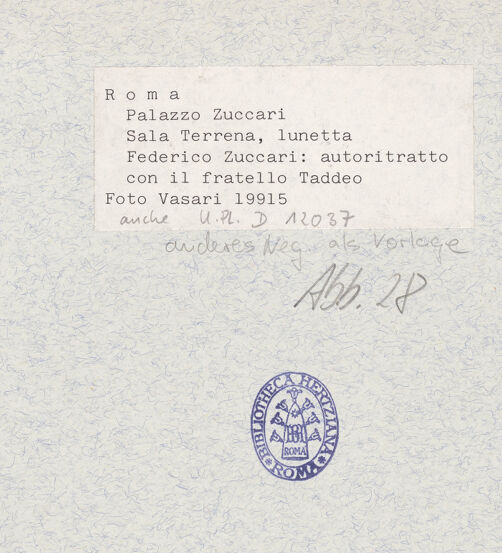 Rückseite von unbekannt [https://www.deutsche-digitale-bibliothek.de/content/lizenzen/rv-fz/] Apotheose des Federico Zuccari, Allegorien und Porträts der Familie ZuccariLünetten mit Porträts der Familie ZuccariFederico und sein Bruder Taddeo - , bh338788_recto. Foto: Vasari, Giorgio.