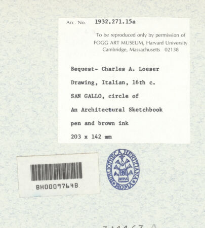 Rückseite von Fogg Art Museum [https://www.deutsche-digitale-bibliothek.de/content/lizenzen/rv-ez/] Sogenanntes Sangallo SketchbookTeilansicht einer dekorierten Säulenbasis aus dem Tempel des Mars Ultor - , bh341163_recto. Foto.