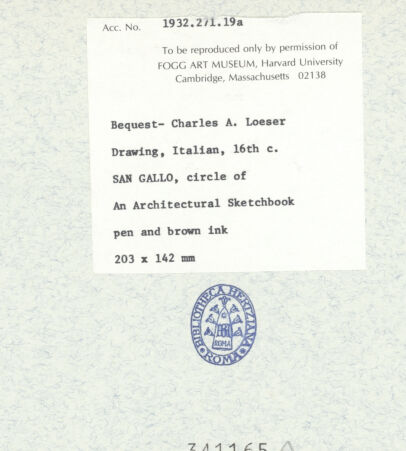 Rückseite von Fogg Art Museum [https://www.deutsche-digitale-bibliothek.de/content/lizenzen/rv-ez/] Sogenanntes Sangallo SketchbookAufriss eines Kapitells, Detail eines Eierstabes und verziertes Kapitell aus den Caracallathermen - , bh341165_recto. Foto.