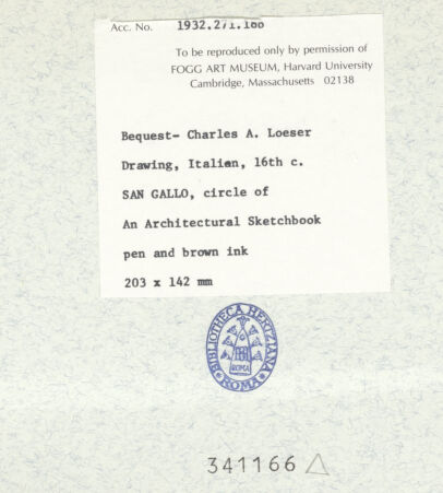 Rückseite von Fogg Art Museum [https://www.deutsche-digitale-bibliothek.de/content/lizenzen/rv-ez/] Sogenanntes Sangallo SketchbookSchematischer Aufriss und Grundriss eines korinthischen Kapitells - , bh341166_recto. Foto.