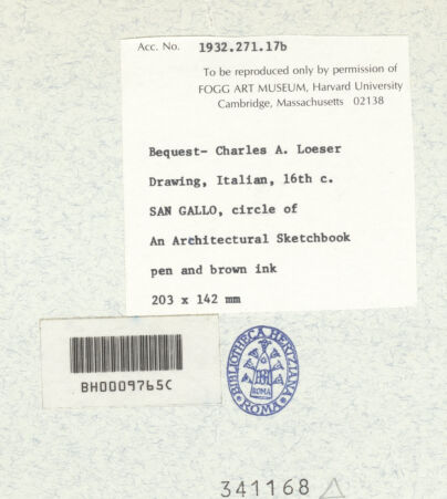 Rückseite von Fogg Art Museum [https://www.deutsche-digitale-bibliothek.de/content/lizenzen/rv-ez/] Sogenanntes Sangallo SketchbookTeilansicht einer dekorierten Säulenbasis aus dem Tempel des Mars Ultor - , bh341168_recto. Foto.