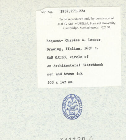 Rückseite von Fogg Art Museum [https://www.deutsche-digitale-bibliothek.de/content/lizenzen/rv-ez/] Sogenanntes Sangallo SketchbookPerspektivische Teilansicht der unteren Partie eines Architravs - , bh341170_recto. Foto.