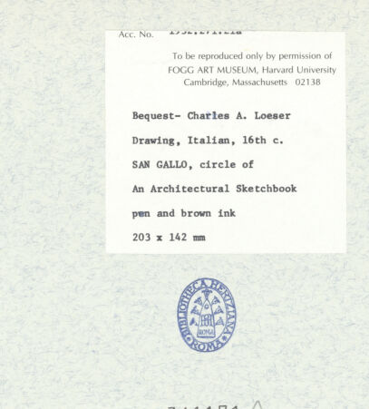 Rückseite von Fogg Art Museum [https://www.deutsche-digitale-bibliothek.de/content/lizenzen/rv-ez/] Sogenanntes Sangallo SketchbookPerspektivische Teilansicht der unteren Partie eines Architravs - , bh341171_recto. Foto.