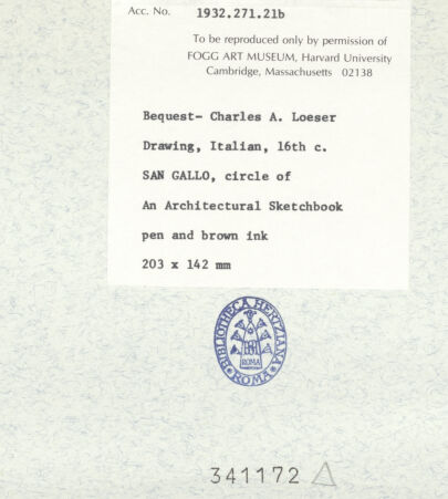 Rückseite von Fogg Art Museum [https://www.deutsche-digitale-bibliothek.de/content/lizenzen/rv-ez/] Sogenanntes Sangallo SketchbookPerspektivische Teilansicht der unteren Partie eines Architravs - , bh341172_recto. Foto.