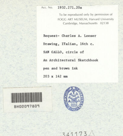 Rückseite von Fogg Art Museum [https://www.deutsche-digitale-bibliothek.de/content/lizenzen/rv-ez/] Sogenanntes Sangallo SketchbookPerspektivischer Teilaufriss eines Gesimses - , bh341173_recto. Foto.