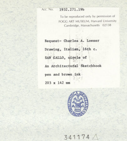 Rückseite von Fogg Art Museum [https://www.deutsche-digitale-bibliothek.de/content/lizenzen/rv-ez/] Sogenanntes Sangallo SketchbookAufriss einer Pilasterbasis vom Tempel des Serapis - , bh341174_recto. Foto.