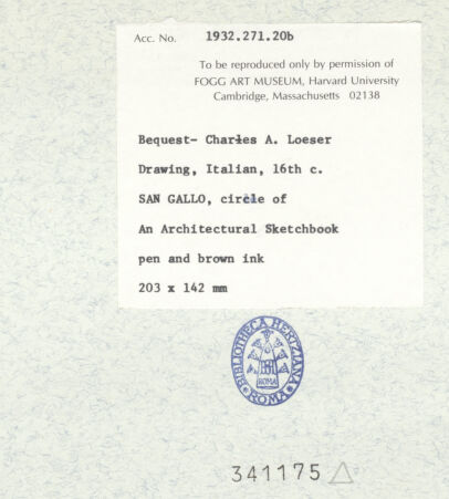 Rückseite von Fogg Art Museum [https://www.deutsche-digitale-bibliothek.de/content/lizenzen/rv-ez/] Sogenanntes Sangallo SketchbookPerspektivische Teilansicht der unteren Partie eines Architravs - , bh341175_recto. Foto.