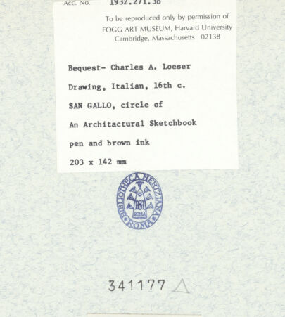 Rückseite von Fogg Art Museum [https://www.deutsche-digitale-bibliothek.de/content/lizenzen/rv-ez/] Sogenanntes Sangallo SketchbookDorisches Kapitell mit Wellenband - , bh341177_recto. Foto.