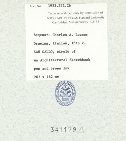 Rückseite von Fogg Art Museum [https://www.deutsche-digitale-bibliothek.de/content/lizenzen/rv-ez/] Sogenanntes Sangallo SketchbookIonisches Kapitell und Profilansicht des Schaftes - , bh341179_recto. Foto.