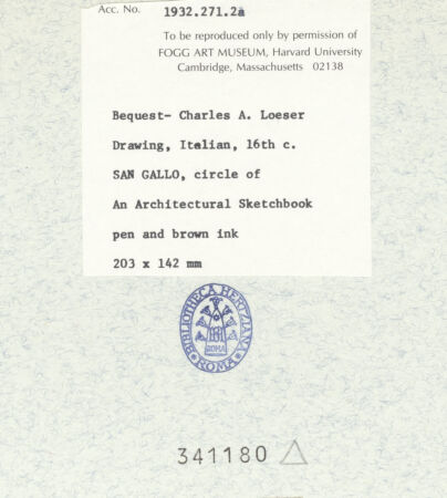 Rückseite von Fogg Art Museum [https://www.deutsche-digitale-bibliothek.de/content/lizenzen/rv-ez/] Sogenanntes Sangallo SketchbookKranzgesims und Detail des Zahnschnittfrieses - , bh341180_recto. Foto.