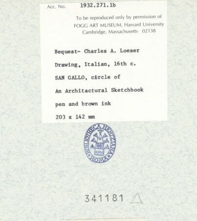 Rückseite von Fogg Art Museum [https://www.deutsche-digitale-bibliothek.de/content/lizenzen/rv-ez/] Sogenanntes Sangallo SketchbookKapitellschaft und Wellenbandmäander - , bh341181_recto. Foto.