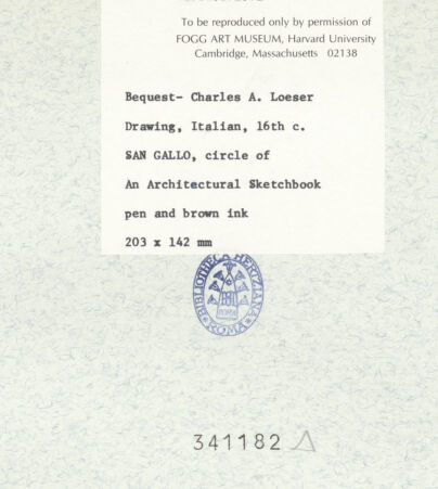 Rückseite von Fogg Art Museum [https://www.deutsche-digitale-bibliothek.de/content/lizenzen/rv-ez/] Sogenanntes Sangallo SketchbookReich verziertes Gebälk, perspektivischer Aufriss und Schnitt - , bh341182_recto. Foto.