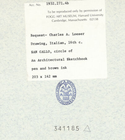 Rückseite von Fogg Art Museum [https://www.deutsche-digitale-bibliothek.de/content/lizenzen/rv-ez/] Sogenanntes Sangallo SketchbookZwei Kämpferaufrisse - , bh341185_recto. Foto.