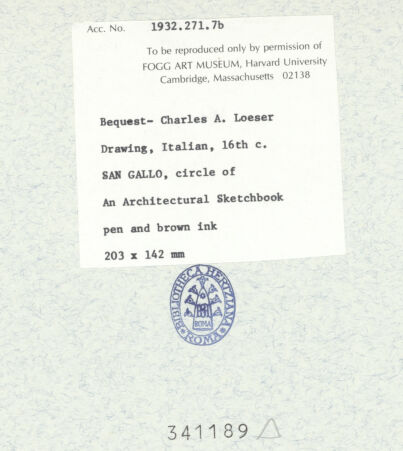 Rückseite von Fogg Art Museum [https://www.deutsche-digitale-bibliothek.de/content/lizenzen/rv-ez/] Sogenanntes Sangallo SketchbookSchnitt durch ein Kassettendeckpanel und Detail einer Triglyphe der Basilica Aemilia - , bh341189_recto. Foto.
