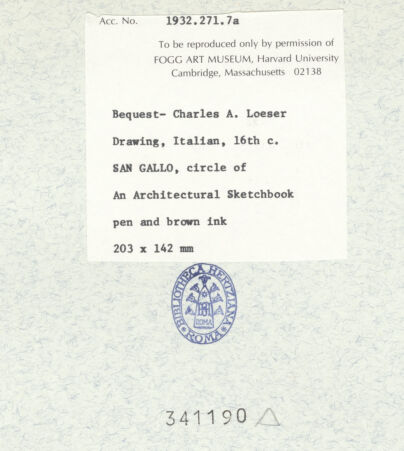 Rückseite von Fogg Art Museum [https://www.deutsche-digitale-bibliothek.de/content/lizenzen/rv-ez/] Sogenanntes Sangallo SketchbookDorisches Kapitell - , bh341190_recto. Foto.