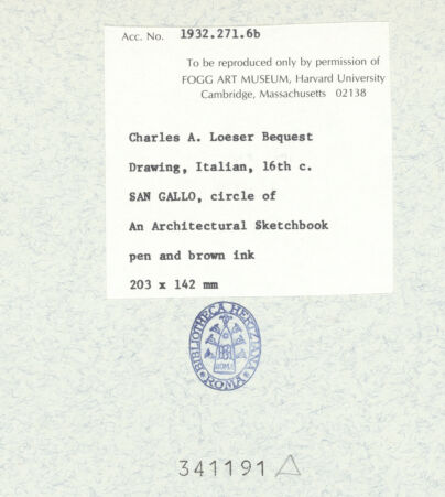Rückseite von Fogg Art Museum [https://www.deutsche-digitale-bibliothek.de/content/lizenzen/rv-ez/] Sogenanntes Sangallo SketchbookReich verzierter Bauschmuck - , bh341191_recto. Foto.