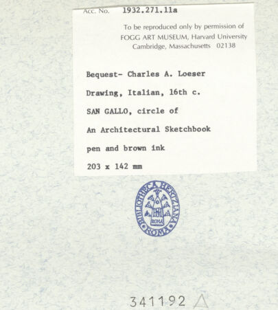 Rückseite von Fogg Art Museum [https://www.deutsche-digitale-bibliothek.de/content/lizenzen/rv-ez/] Sogenanntes Sangallo SketchbookTeilansicht eines reich verzierten dorischen Kapitells - , bh341192_recto. Foto.