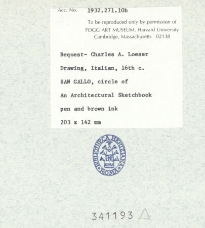 Rückseite von Fogg Art Museum [https://www.deutsche-digitale-bibliothek.de/content/lizenzen/rv-ez/] Sogenanntes Sangallo SketchbookIonisches Kapitell, perspektivischer Aufriss und Schaftanalyse - , bh341193_recto. Foto.