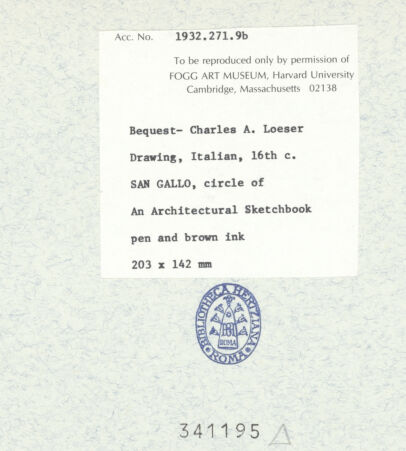 Rückseite von Fogg Art Museum [https://www.deutsche-digitale-bibliothek.de/content/lizenzen/rv-ez/] Sogenanntes Sangallo SketchbookGesimsaufriss - , bh341195_recto. Foto.