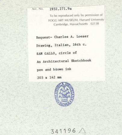 Rückseite von Fogg Art Museum [https://www.deutsche-digitale-bibliothek.de/content/lizenzen/rv-ez/] Sogenanntes Sangallo SketchbookGesimsaufriss und dorische Ordnung - , bh341196_recto. Foto.
