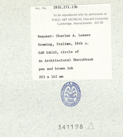 Rückseite von Fogg Art Museum [https://www.deutsche-digitale-bibliothek.de/content/lizenzen/rv-ez/] Sogenanntes Sangallo SketchbookZwei Zeichnungen eines ionischen Kapitells - , bh341198_recto. Foto.