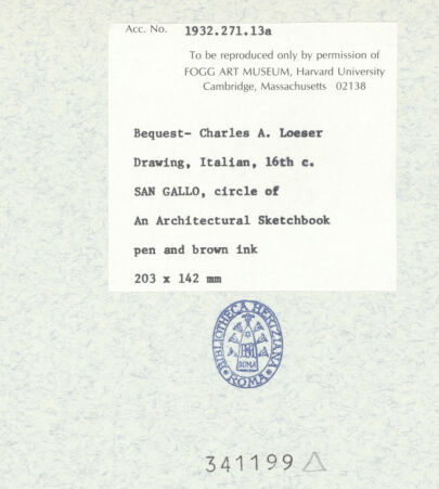 Rückseite von Fogg Art Museum [https://www.deutsche-digitale-bibliothek.de/content/lizenzen/rv-ez/] Sogenanntes Sangallo SketchbookSchnitt einer Archivolte und dorisches Kapitell - , bh341199_recto. Foto.