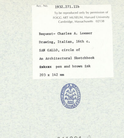 Rückseite von Fogg Art Museum [https://www.deutsche-digitale-bibliothek.de/content/lizenzen/rv-ez/] Sogenanntes Sangallo SketchbookFassadengesims - , bh341201_recto. Foto.