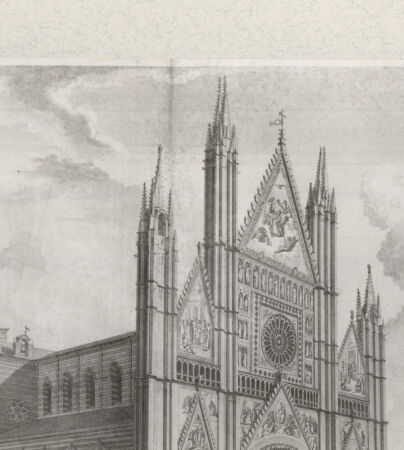 Rückseite von Landesbildstelle Rheinland [http://creativecommons.org/publicdomain/mark/1.0/] Vordere perspektivische Ansicht des Domes (Taf. III aus Della Valle, G. 'Storia del Duomo di Orvieto', Rom 1791) - , bh342653. Foto.