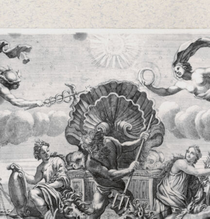 Rückseite von Landesbildstelle Rheinland [http://creativecommons.org/publicdomain/mark/1.0/] Neptun in seinem Wagen, in der Luft Merkur und Diana (Luna) - , bh342795. Foto.