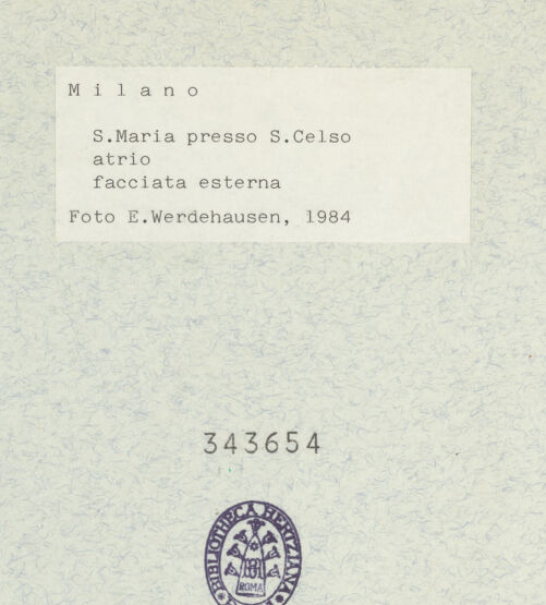 Rückseite von Werdehausen, Elisabeth [https://www.deutsche-digitale-bibliothek.de/content/lizenzen/rv-ez/] Santa Maria presso San CelsoWestfassade - Schrägansicht, bh343654_recto. Foto: Werdehausen, Elisabeth.
